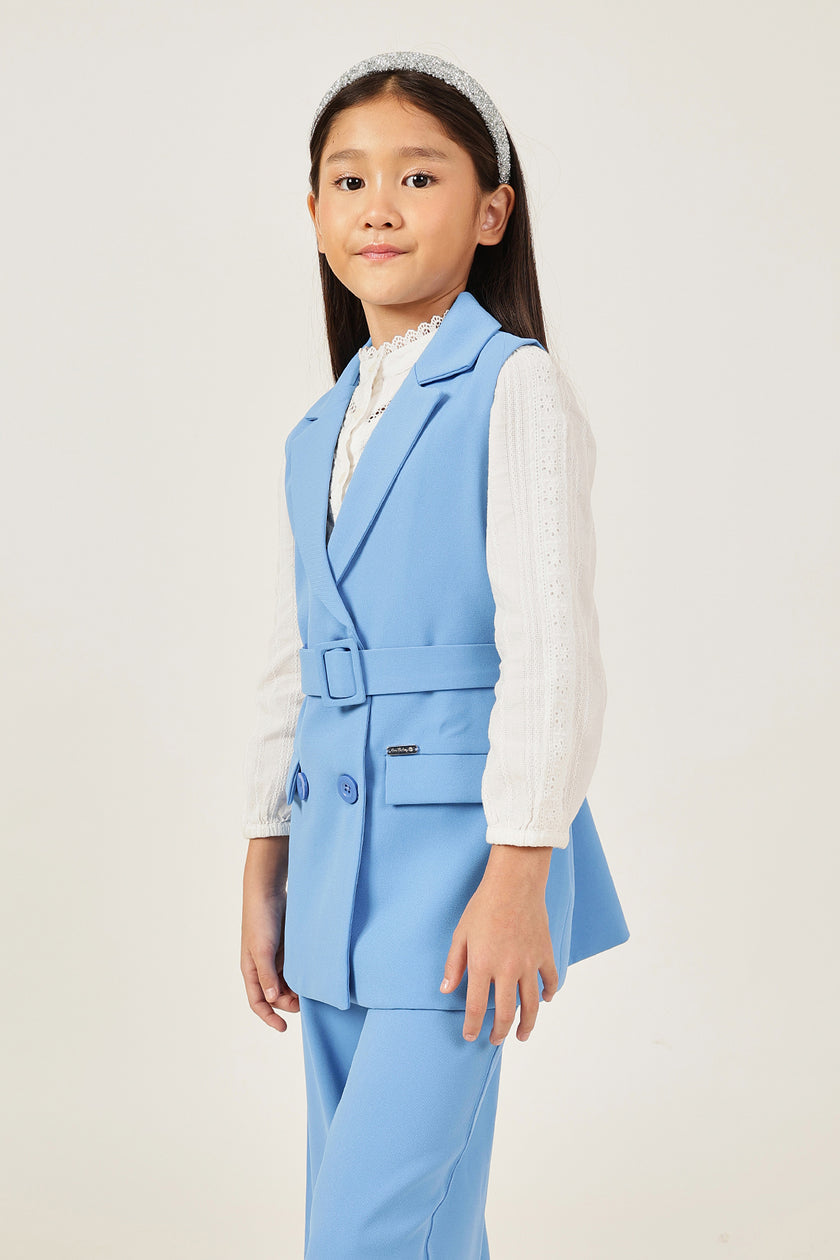 Girls Blue Solid Sleeveless V-Neck Jacket