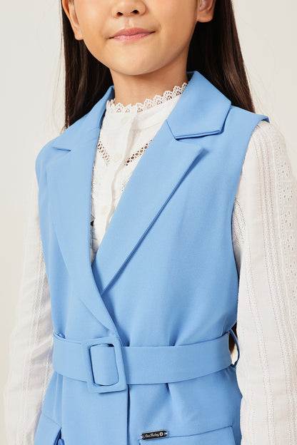 Girls Blue Solid Sleeveless V-Neck Jacket