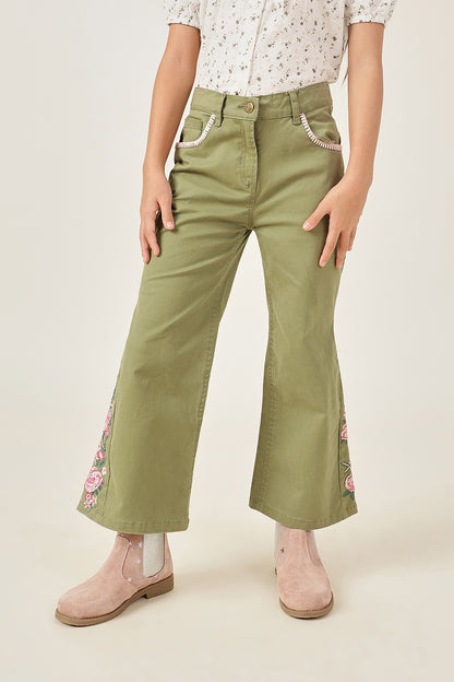 Girls Olive Cotton Spandex Trouser with Button