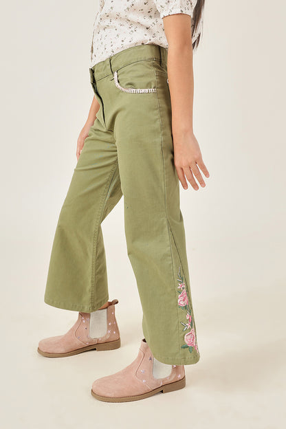 Girls Olive Cotton Spandex Trouser with Button