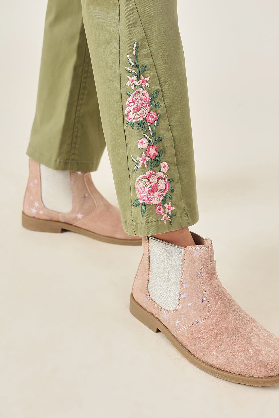 Girls Olive Cotton Spandex Trouser with Button