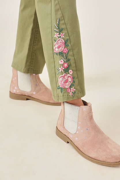 Girls Olive Cotton Spandex Trouser with Button