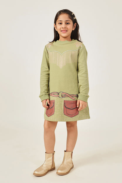 Girls Olive Solid Cotton Round Neck Full Sleeve Dress