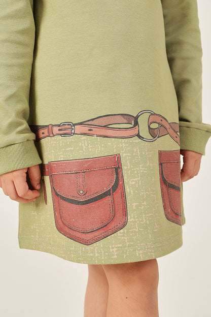 Girls Olive Solid Cotton Round Neck Full Sleeve Dress