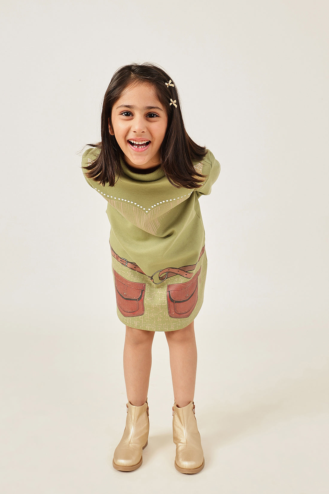 Girls Olive Solid Cotton Round Neck Full Sleeve Dress