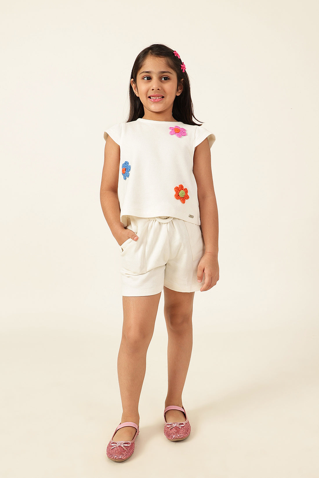 Girls’ Off-White Crop Top with Cap Sleeves