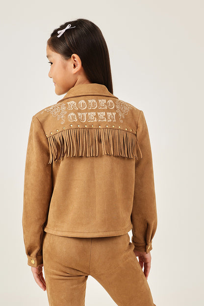 Girls Brown Solid Shirt Collar Press Button Jacket