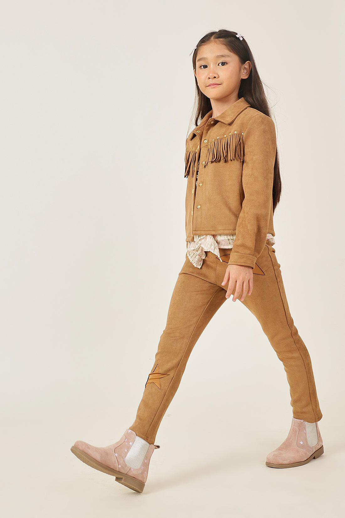 Girls Brown Solid Shirt Collar Press Button Jacket