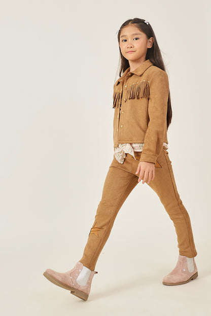 Girls Brown Solid Shirt Collar Press Button Jacket
