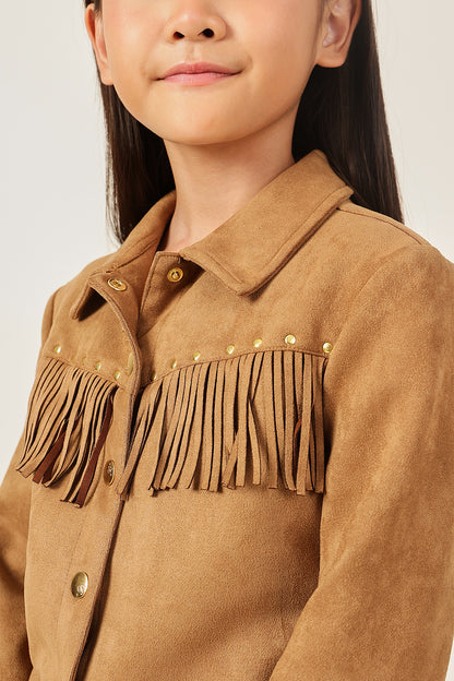 Girls Brown Solid Shirt Collar Press Button Jacket