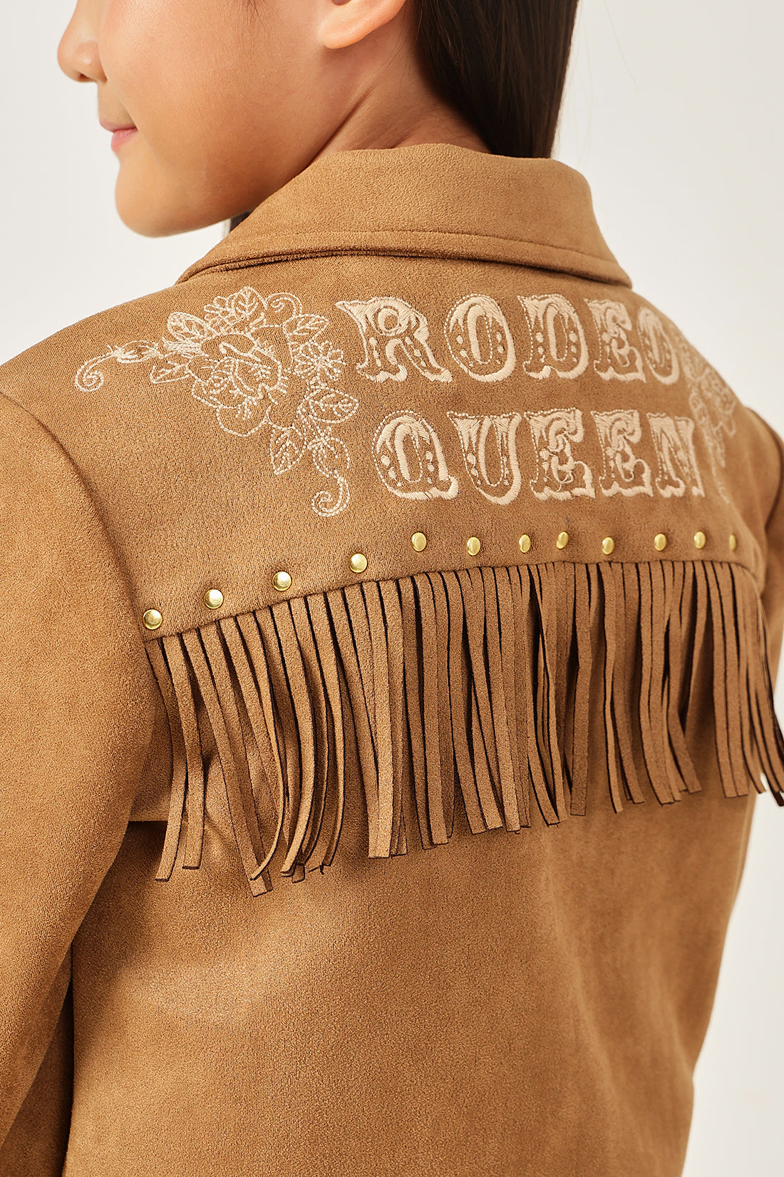 Girls Brown Solid Shirt Collar Press Button Jacket