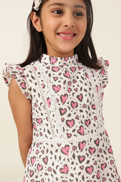 Girls Heart Print Cotton Cap Sleeve Dress