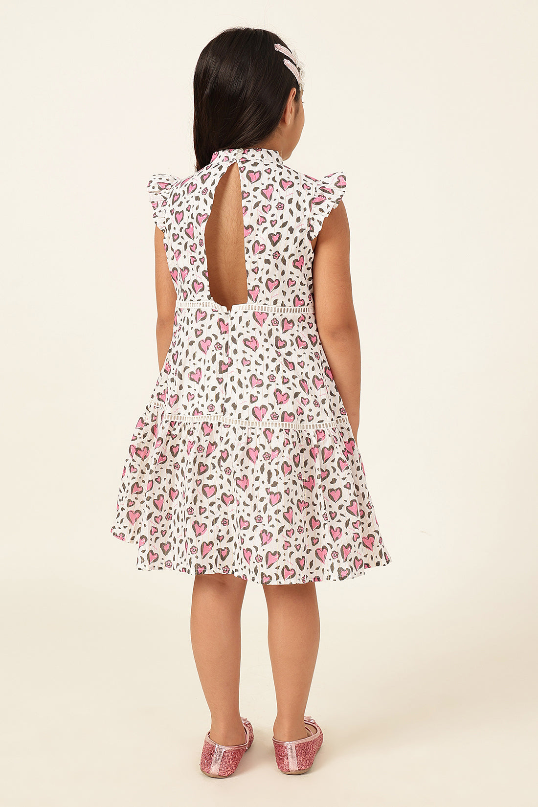 Girls Heart Print Cotton Cap Sleeve Dress