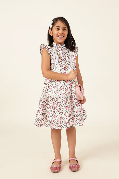 Girls Heart Print Cotton Cap Sleeve Dress