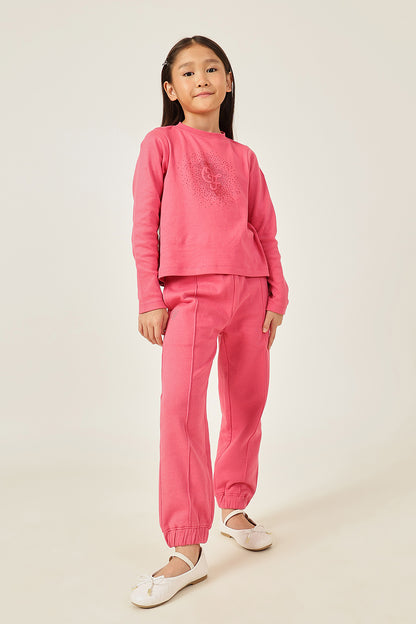 Girls Pink Cotton Track Pant with Elastic Waist