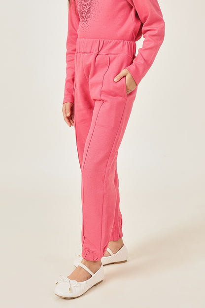 Girls Pink Cotton Track Pant with Elastic Waist