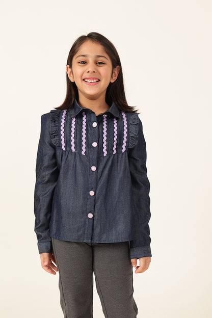 One Friday Girls' Dark Blue Regular Shirt with Lace Yoke Detail