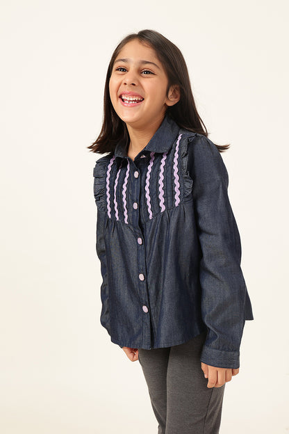 One Friday Girls' Dark Blue Regular Shirt with Lace Yoke Detail