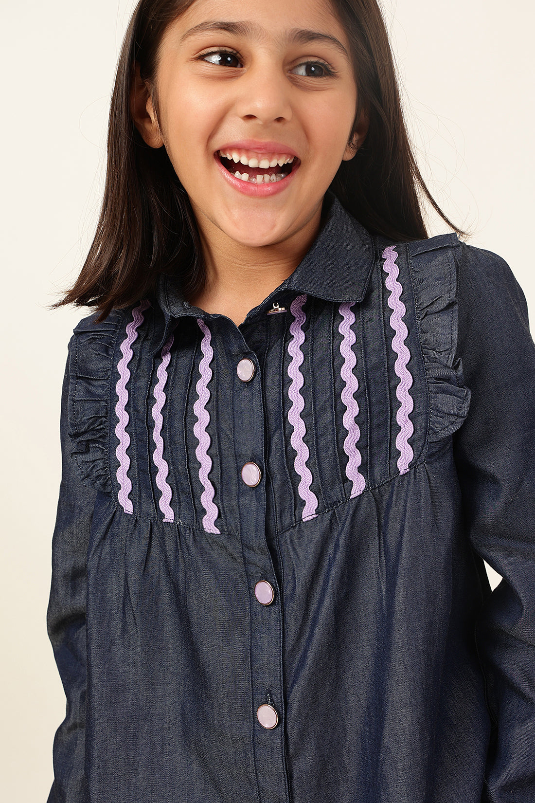 One Friday Girls' Dark Blue Regular Shirt with Lace Yoke Detail