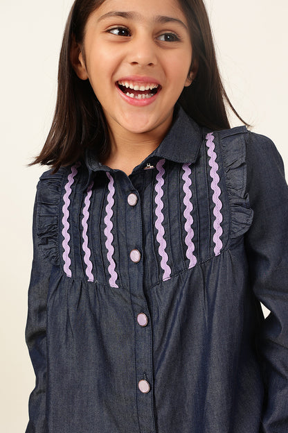 One Friday Girls' Dark Blue Regular Shirt with Lace Yoke Detail
