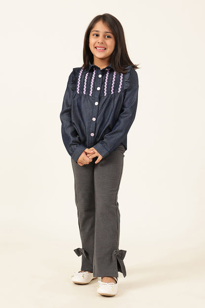 One Friday Girls' Dark Blue Regular Shirt with Lace Yoke Detail
