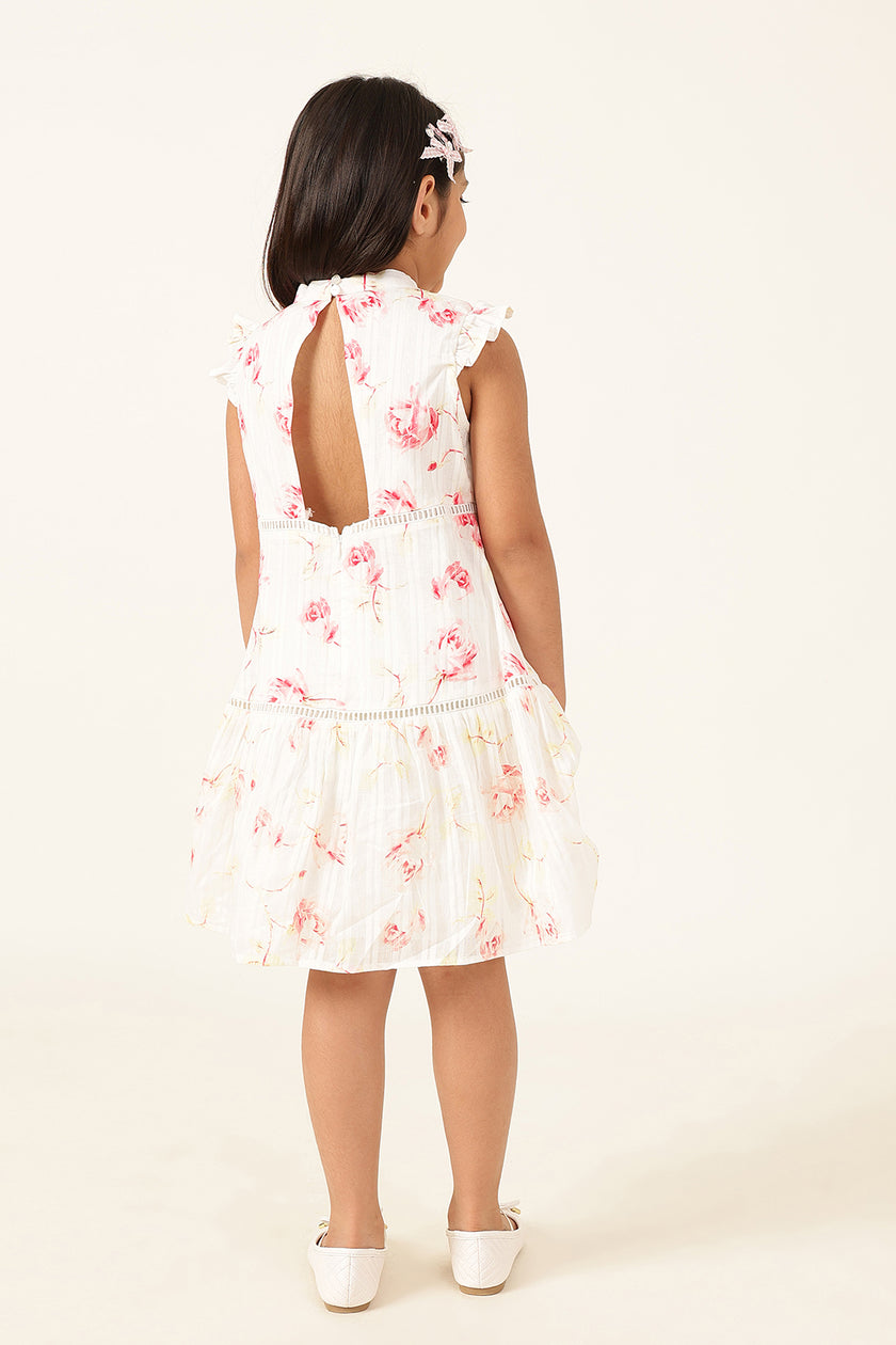 Girls Floral Print Cotton Round Neck Dress