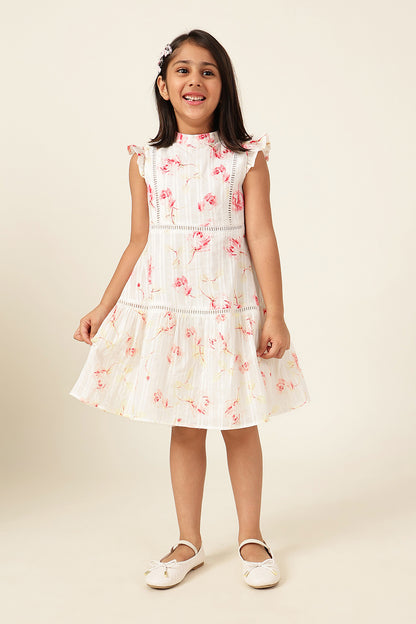 Girls Floral Print Cotton Round Neck Dress
