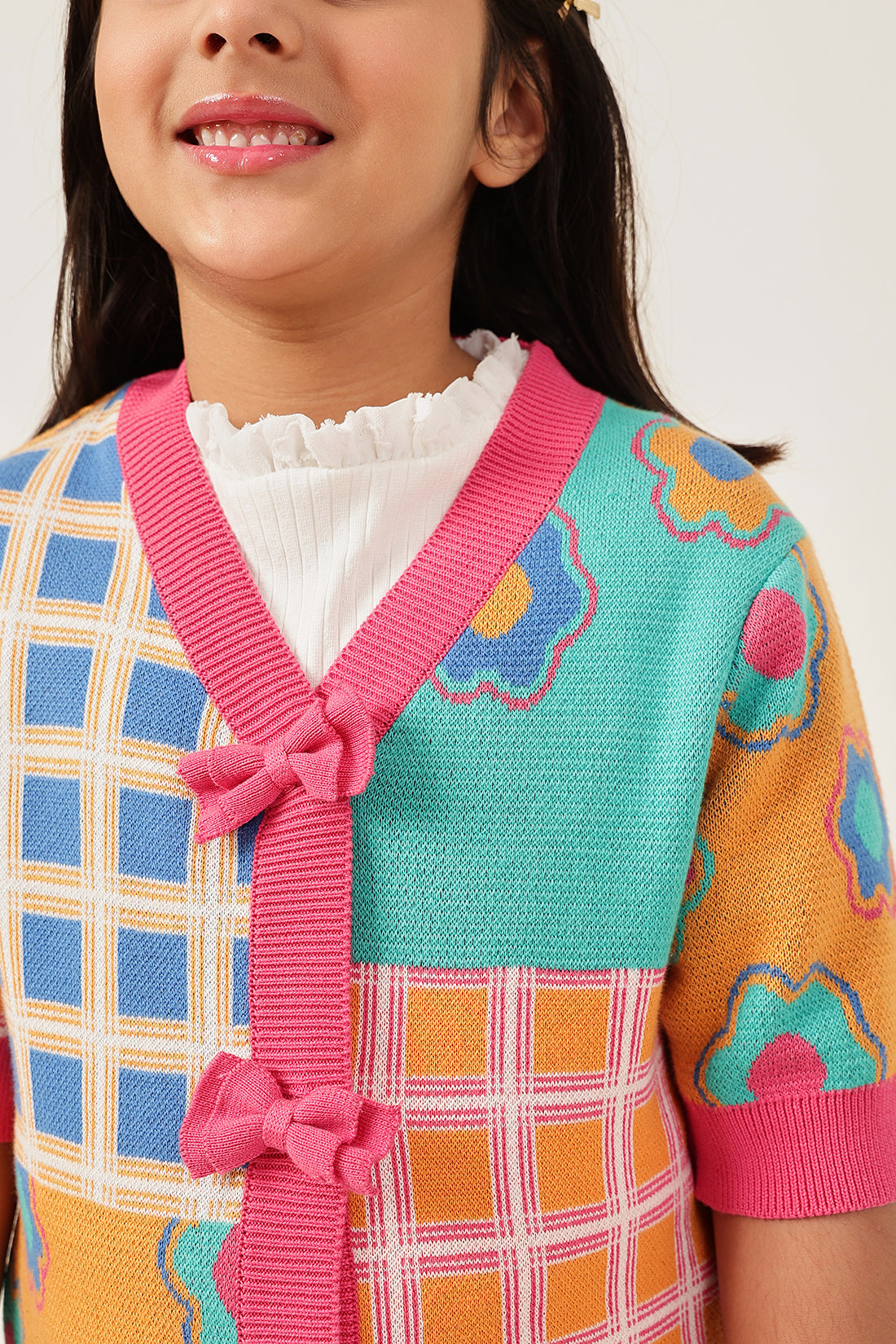 One Friday Girls Multi-Color Checked Knit Cardigan