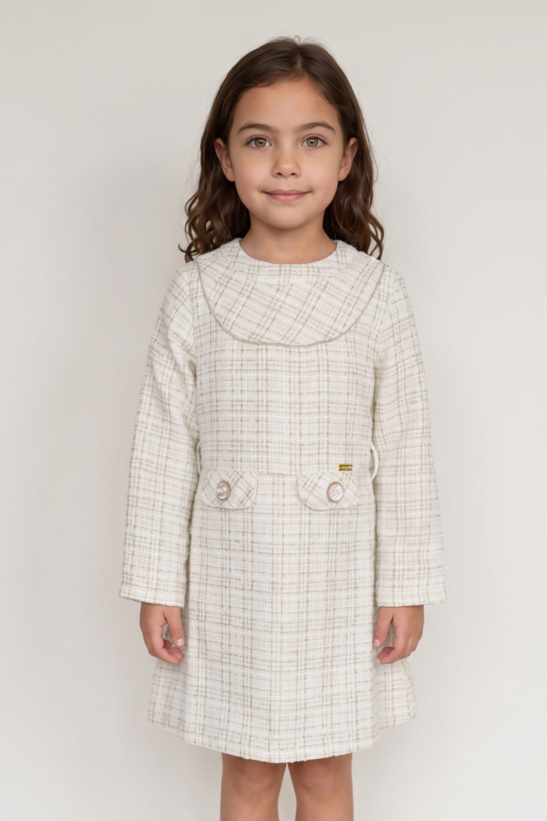 Off White Boucle Stand Collar Full Sleeve Dress