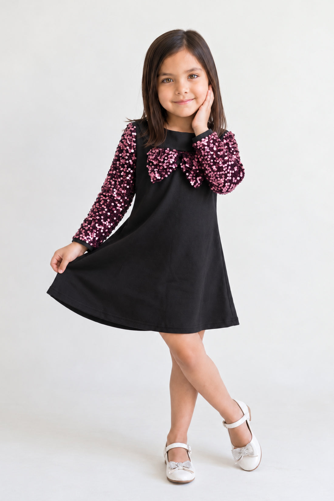 Black Sequin Velour Full Sleeve Dress
