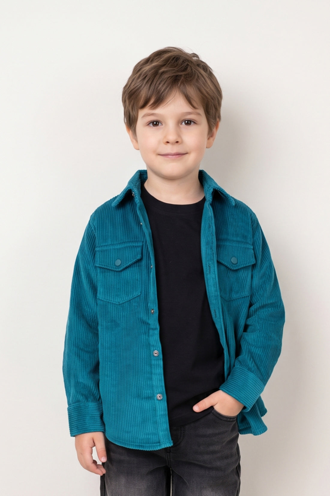 Boys Teal Solid Loose Fit Button Overshirt