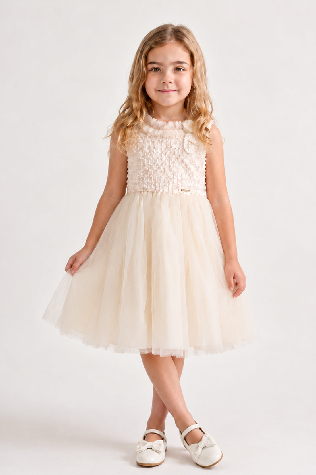Girls Off White Embellished Mesh Sleeveless Dress