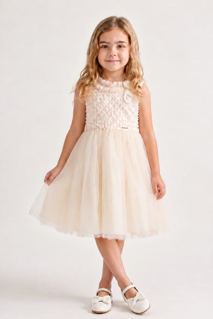 Girls Off White Embellished Mesh Sleeveless Dress