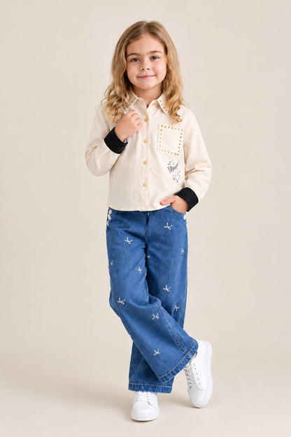 Girls Off White Embellished Shirt with Shirt Collar