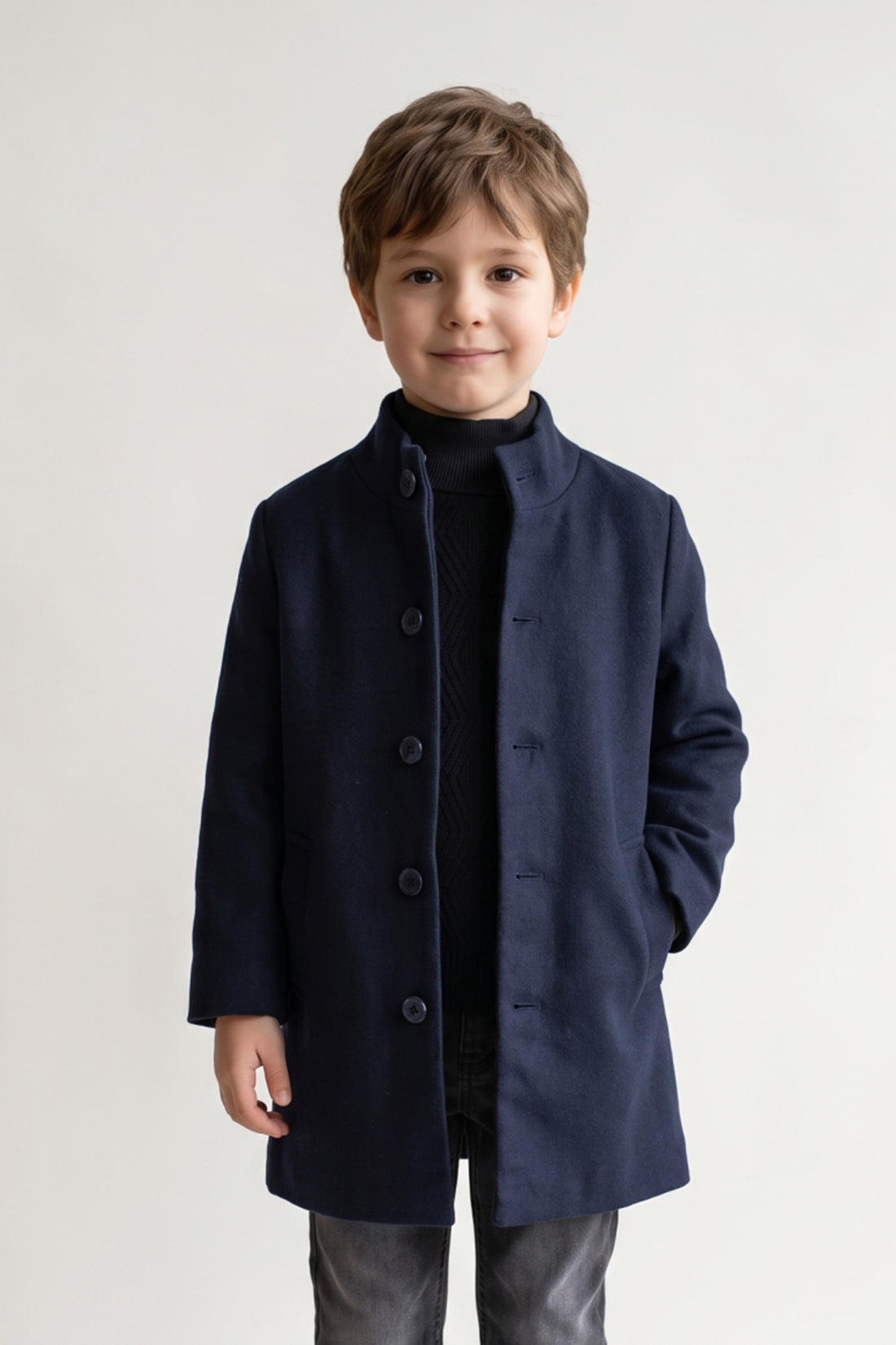 Boys Navy Blue Solid Button Round Neck Overcoat