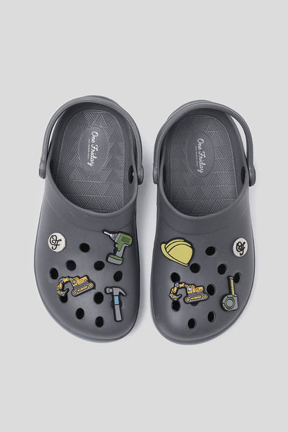 Boys Grey Clogs with 3D Charms & Strap – Durable & Lightweight