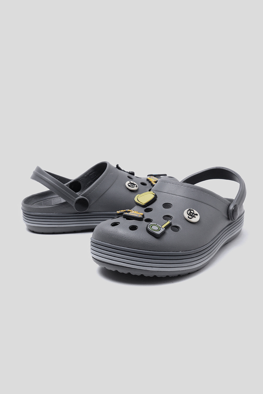 Kids Grey Clogs with 3D Charms & Strap – Durable & Lightweight | One Friday