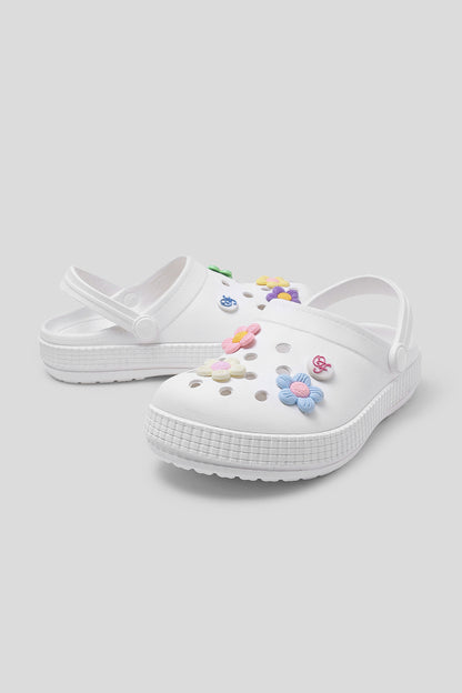 Girls White Clogs with 3D Pastel Flower Charms & Strap