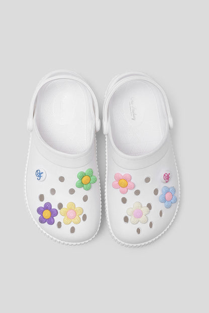 Girls White Clogs with 3D Pastel Flower Charms & Strap