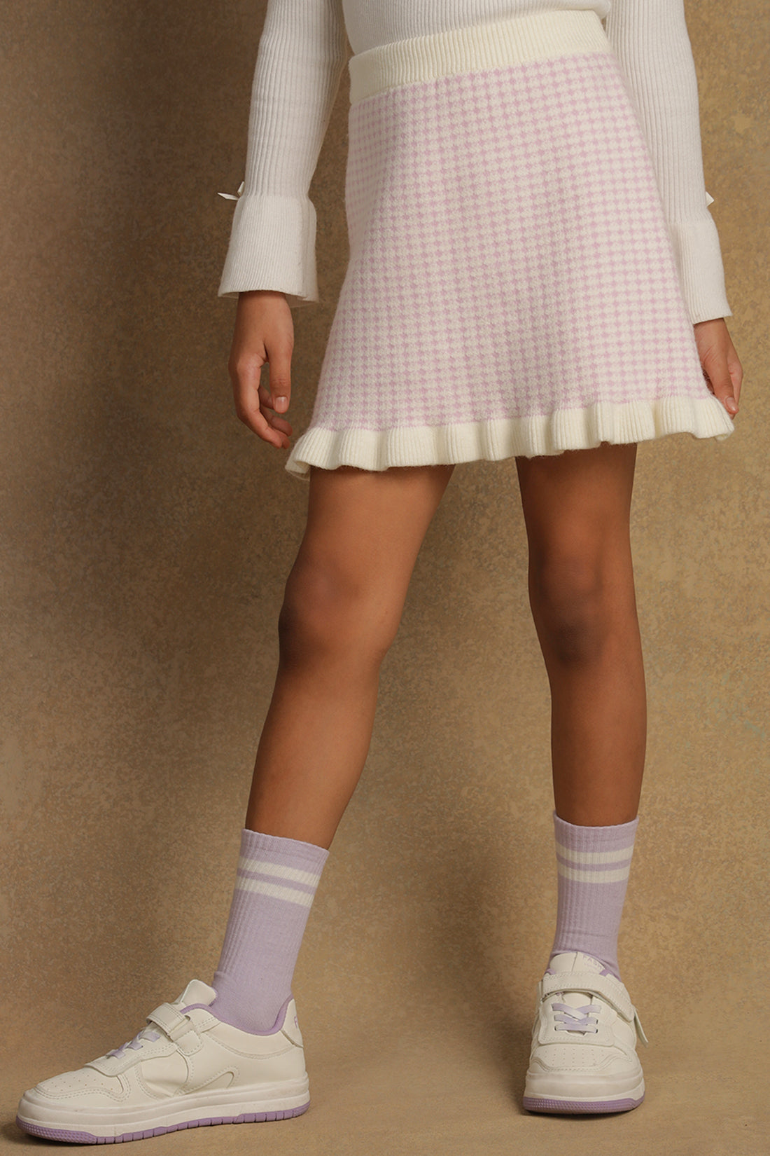 One Friday Girls Lavender & White Checks Knitted Woolen Skirt