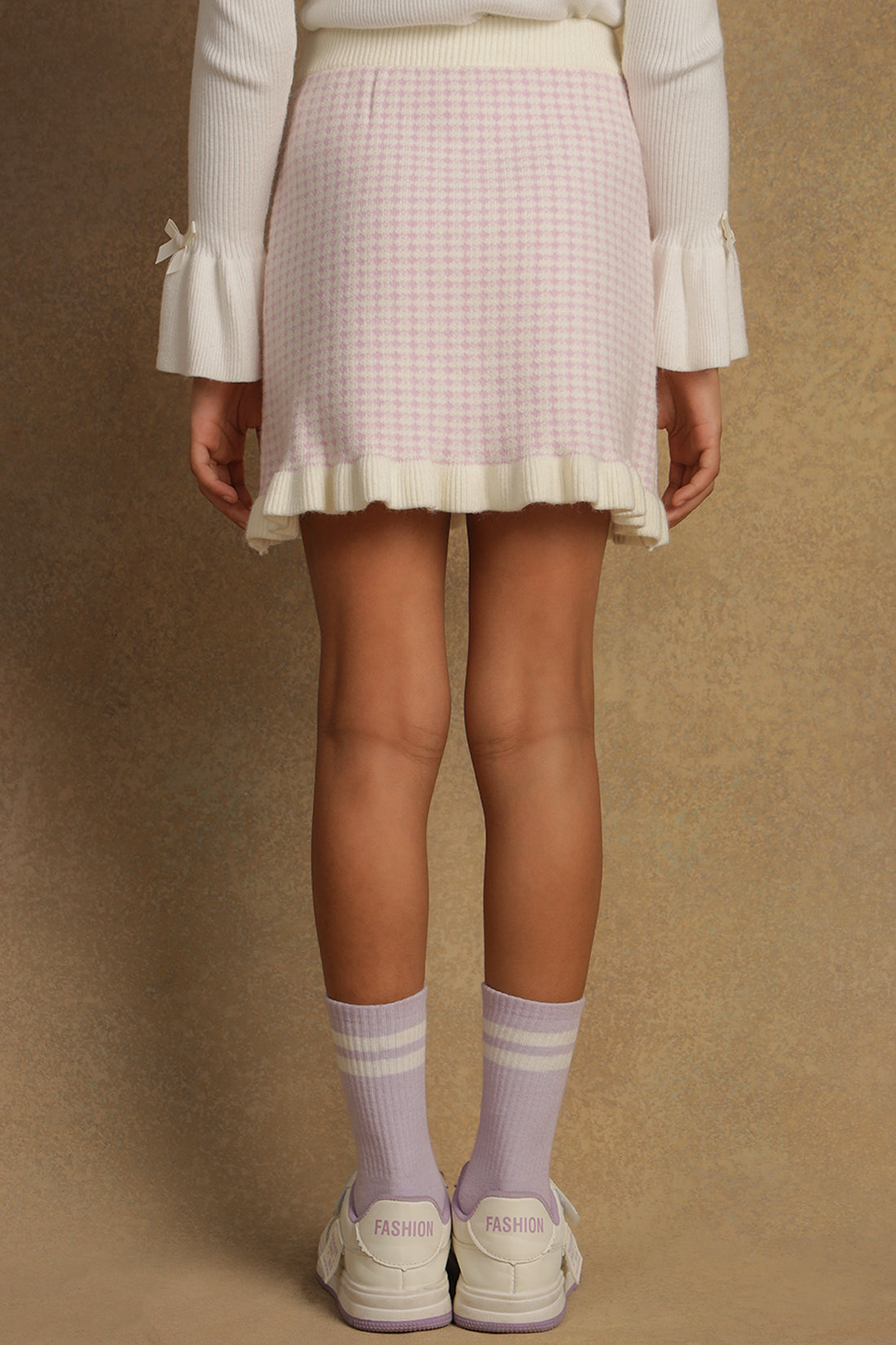 One Friday Girls Lavender & White Checks Knitted Woolen Skirt