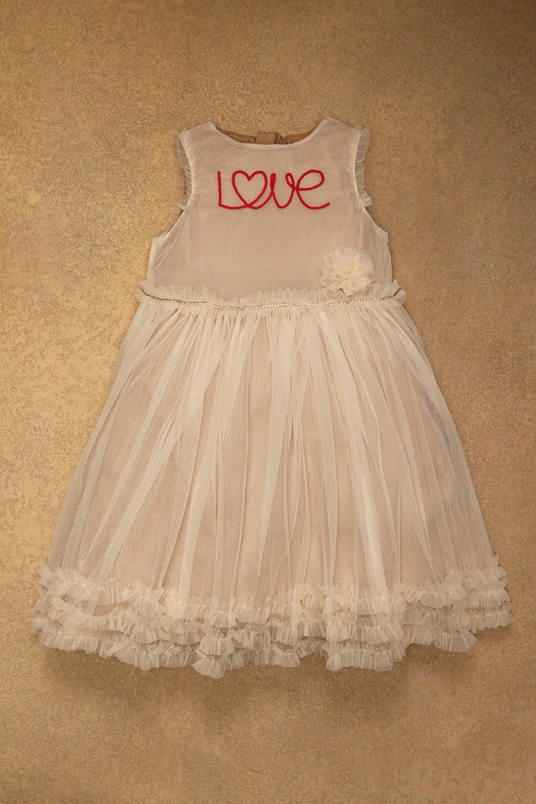Girls Beige Netted Love Embroidered Dress
