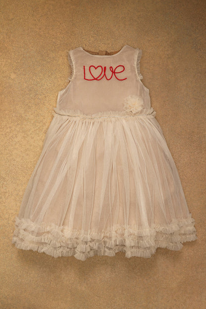 Girls Beige Netted Love Embroidered Dress