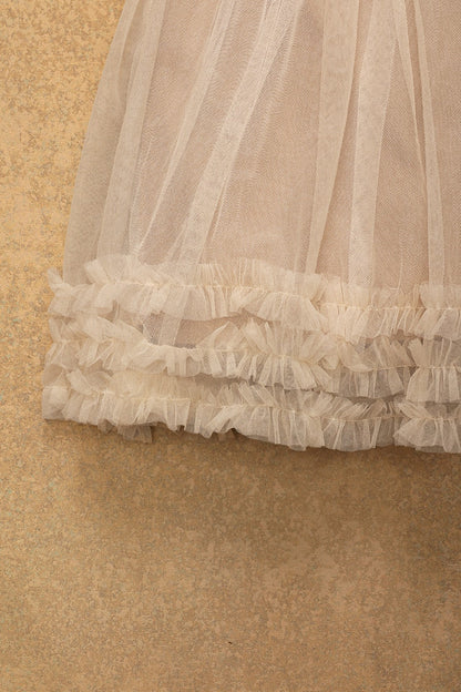 Girls Beige Netted Love Embroidered Dress