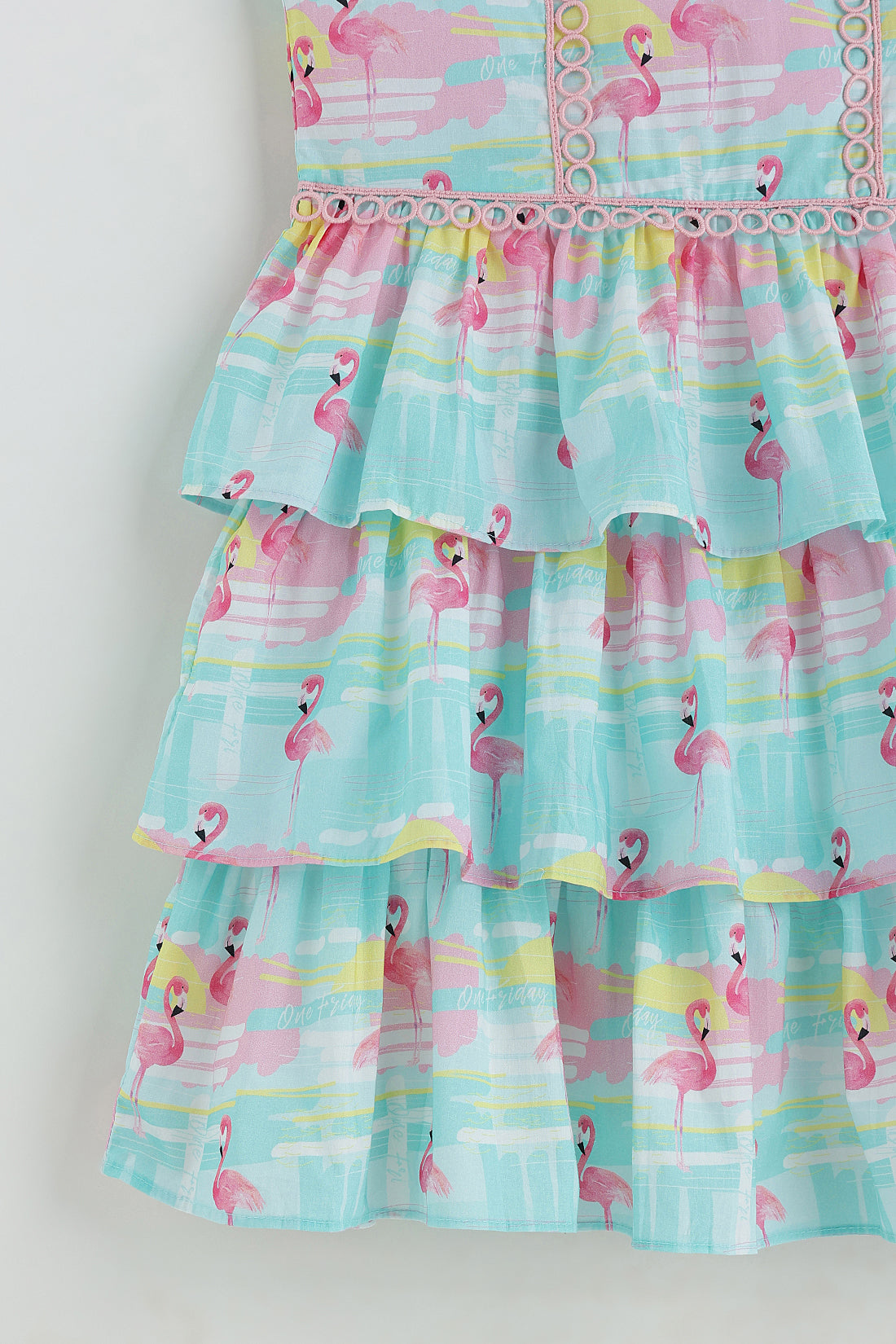 Girls Multicolor Drop Waist Printed Dress with Frill Sleeves by One Friday