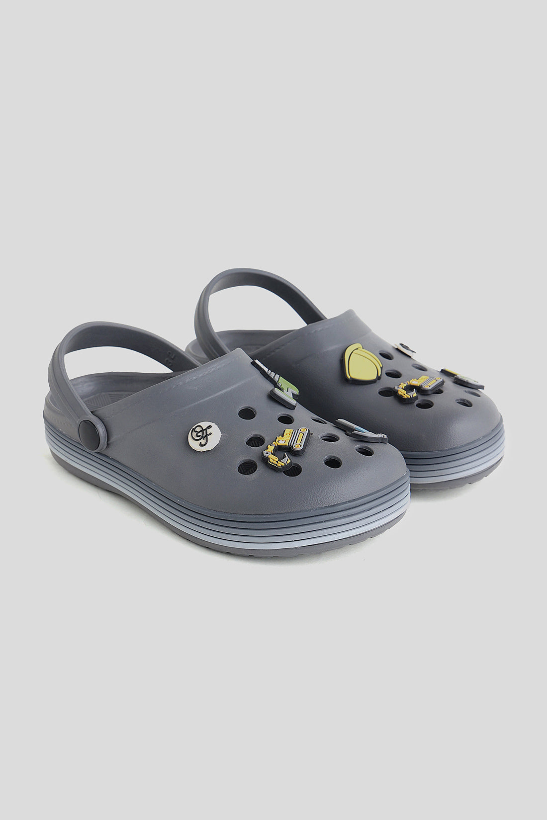 Kids Grey Clogs with 3D Charms & Strap – Durable & Lightweight | One Friday