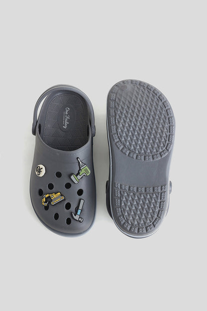 Boys Grey Clogs with 3D Charms & Strap – Durable & Lightweight