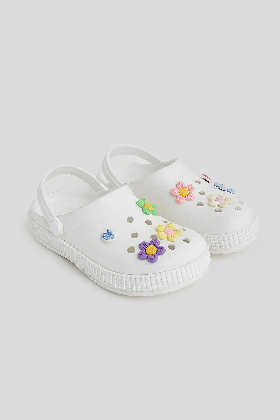 Girls White Clogs with 3D Pastel Flower Charms & Strap by One Friday