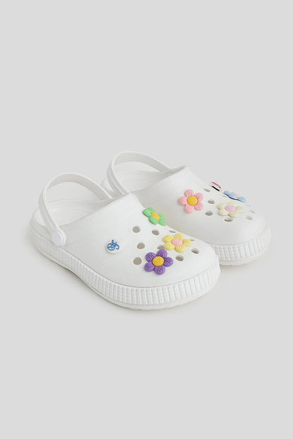 Girls White Clogs with 3D Pastel Flower Charms & Strap