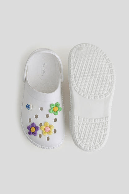 Girls White Clogs with 3D Pastel Flower Charms & Strap